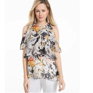 White House Black Market Floral Gray Yellow Floral Cold-Shoulder Shell Top P2585